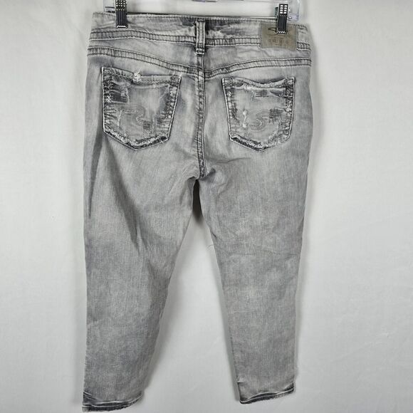 Silver Jeans Women's 28 Silver Gray Light Wash Elyse Skinny Crop Distressed - Picture 7 of 16